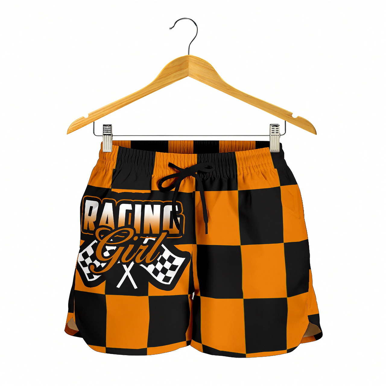 Custom personalized women's orange racing shorts featuring a high-visibility black and orange checkered pattern for trackside motorsports fans.