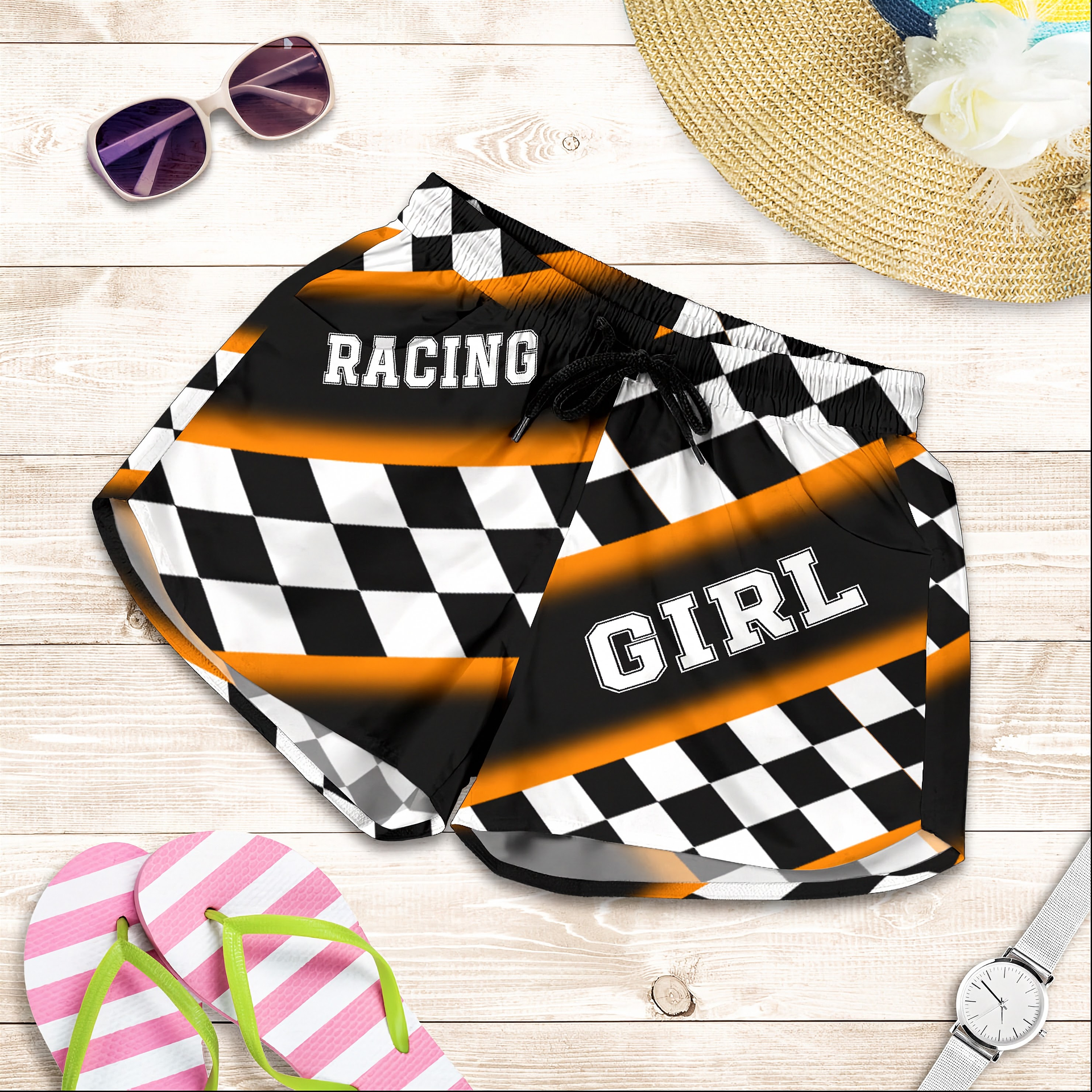 Custom personalized women's orange racing shorts featuring a high-visibility black and orange checkered pattern for trackside motorsports fans.
