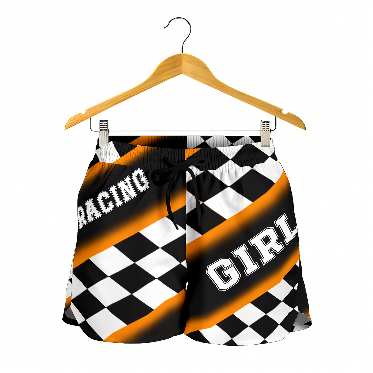 Custom personalized women's orange racing shorts featuring a high-visibility black and orange checkered pattern for trackside motorsports fans.