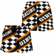 Custom personalized women's orange racing shorts featuring a high-visibility black and orange checkered pattern for trackside motorsports fans.