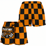 Custom personalized women's orange racing shorts featuring a high-visibility black and orange checkered pattern for trackside motorsports fans.