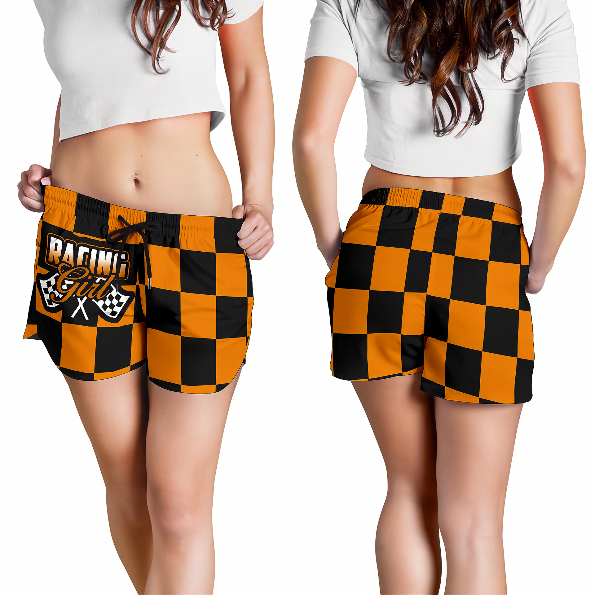 Custom personalized women's orange racing shorts featuring a high-visibility black and orange checkered pattern for trackside motorsports fans.