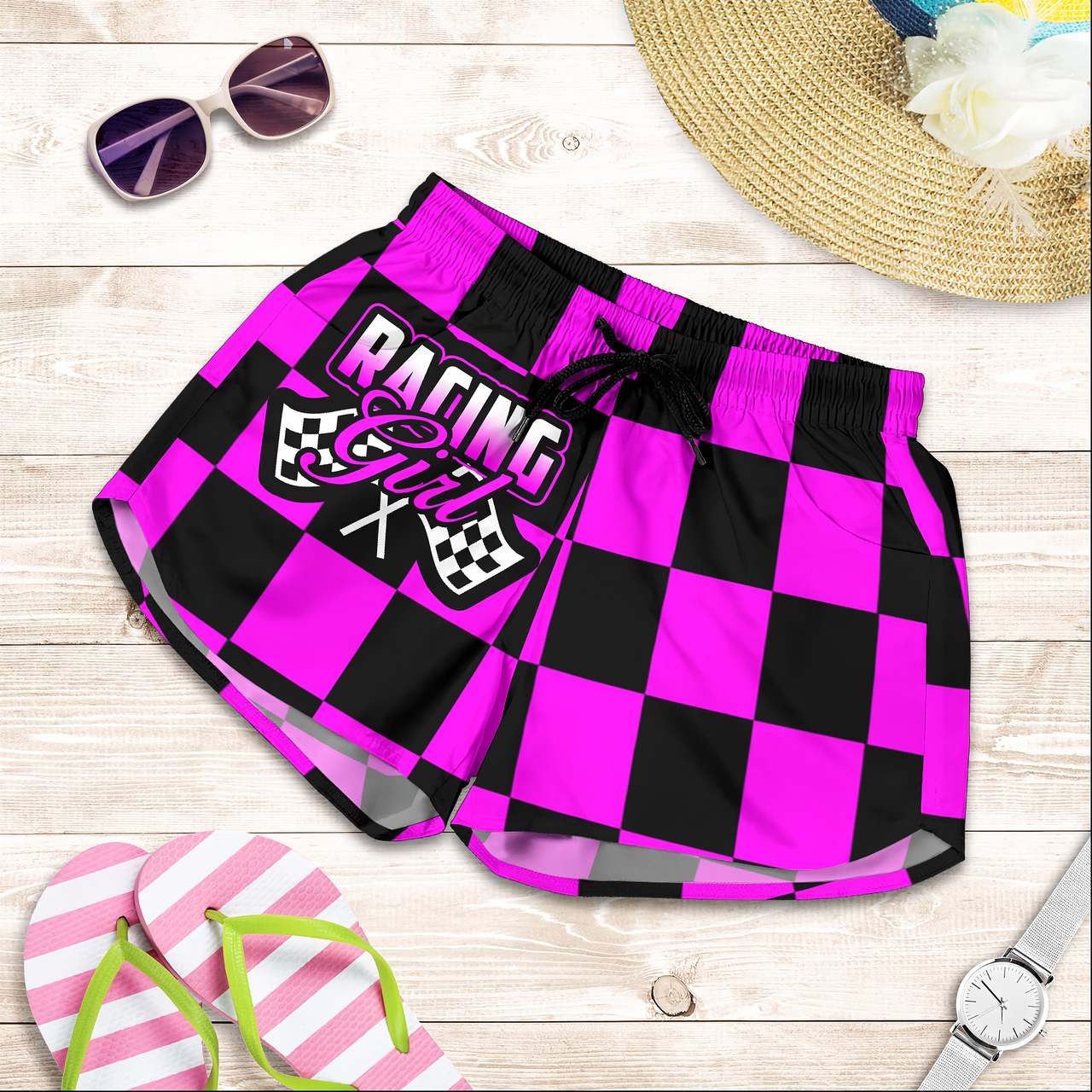 Custom personalized women's pink racing shorts featuring a hot pink and black checkered flag pattern for trackside motorsports fans.