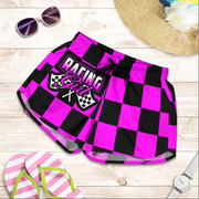 Custom personalized women's pink racing shorts featuring a hot pink and black checkered flag pattern for trackside motorsports fans.