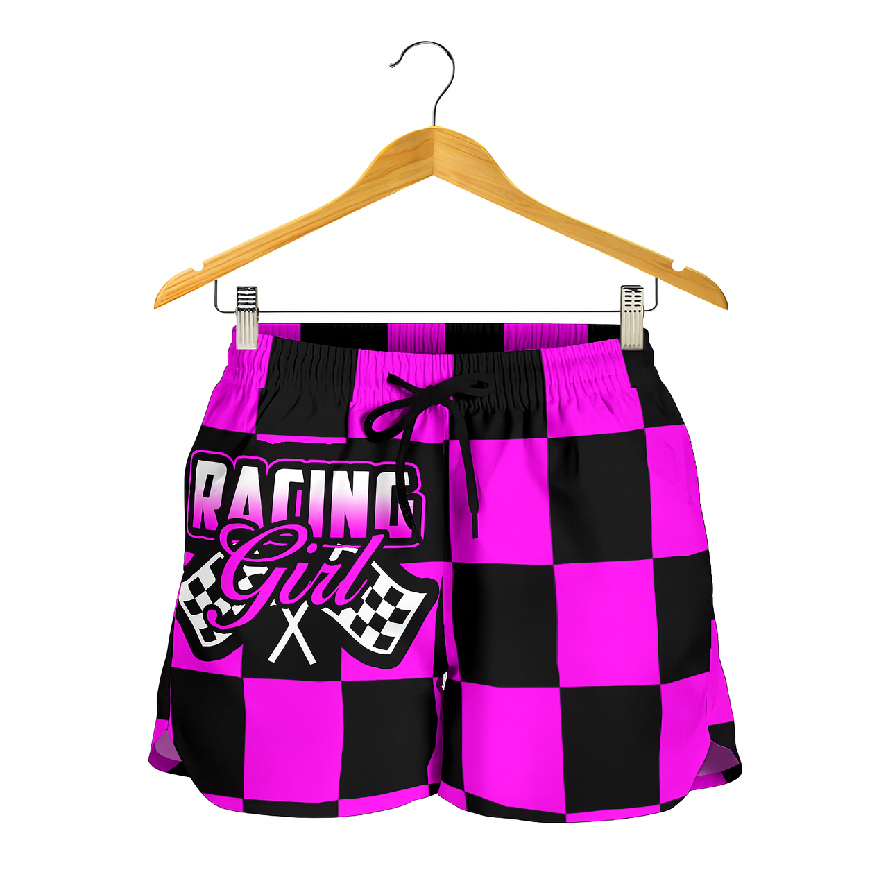 Custom personalized women's pink racing shorts featuring a hot pink and black checkered flag pattern for trackside motorsports fans.