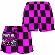 Custom personalized women's pink racing shorts featuring a hot pink and black checkered flag pattern for trackside motorsports fans.
