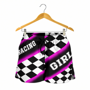 Custom personalized women's pink racing shorts featuring a hot pink and black checkered flag pattern for trackside motorsports fans.