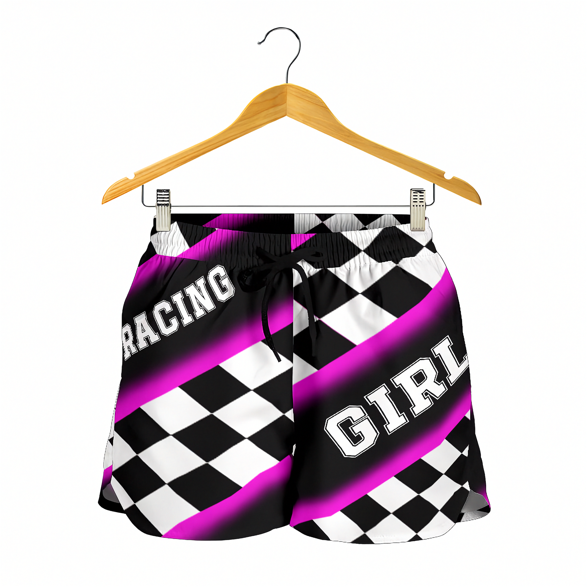 Custom personalized women's pink racing shorts featuring a hot pink and black checkered flag pattern for trackside motorsports fans.
