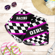 Custom personalized women's pink racing shorts featuring a hot pink and black checkered flag pattern for trackside motorsports fans.