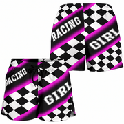Custom personalized women's pink racing shorts featuring a hot pink and black checkered flag pattern for trackside motorsports fans.