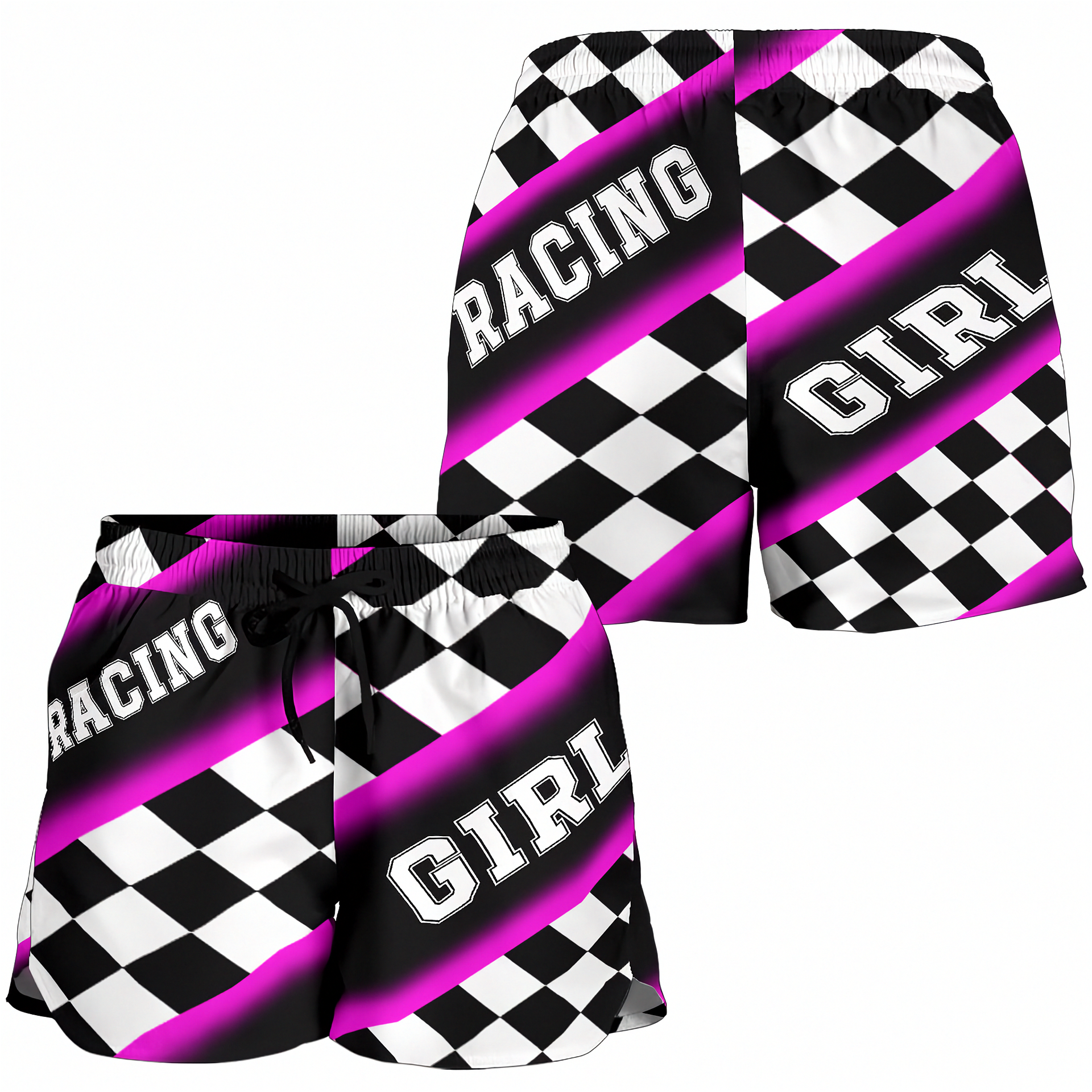 Custom personalized women's pink racing shorts featuring a hot pink and black checkered flag pattern for trackside motorsports fans.