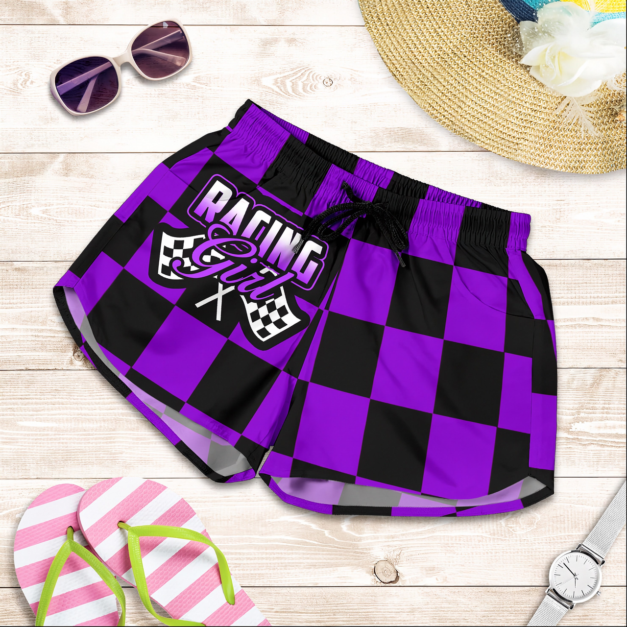 Custom personalized women's purple racing shorts featuring a striking black and purple checkered pattern for trackside motorsports fans.