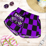 Custom personalized women's purple racing shorts featuring a striking black and purple checkered pattern for trackside motorsports fans.