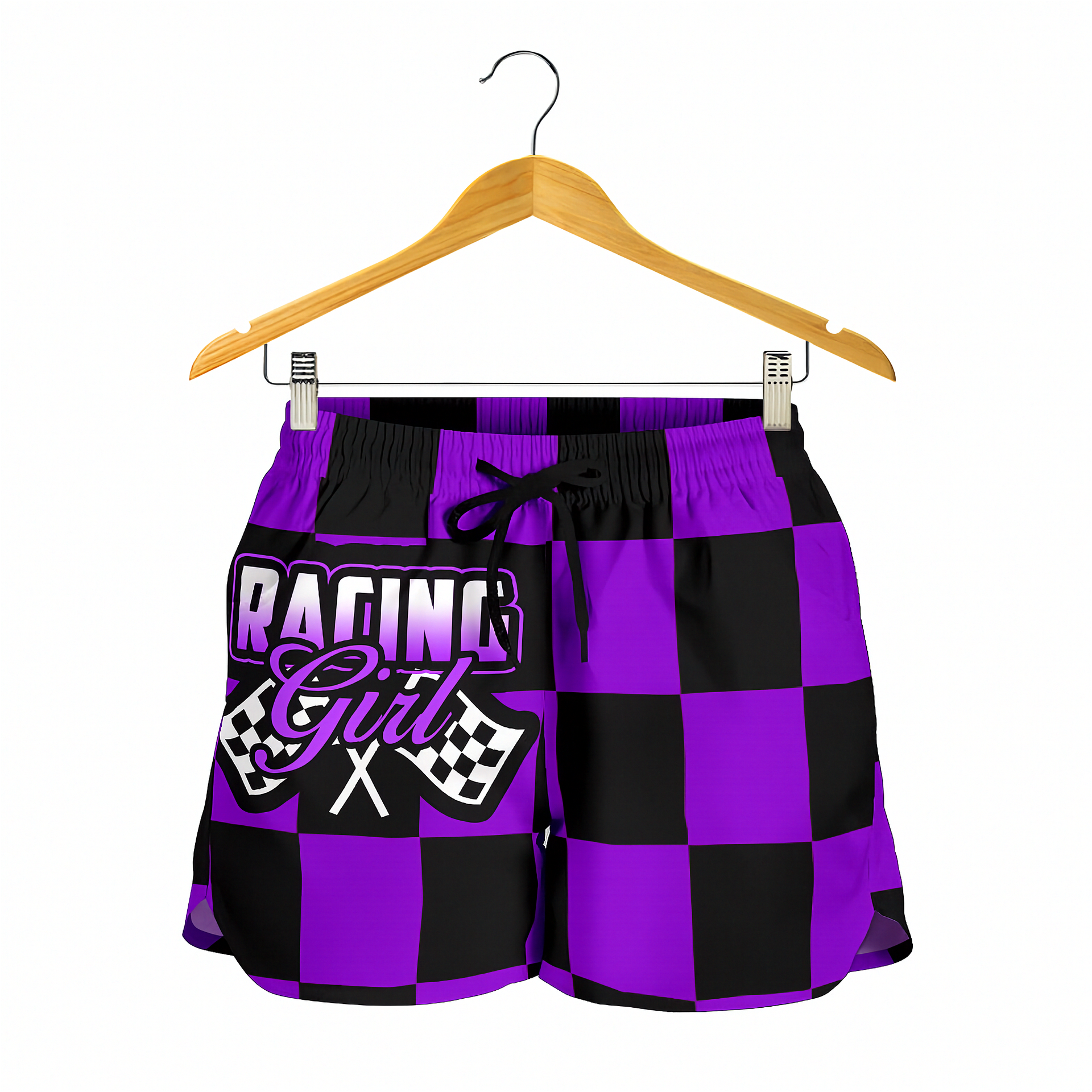 Custom personalized women's purple racing shorts featuring a striking black and purple checkered pattern for trackside motorsports fans.