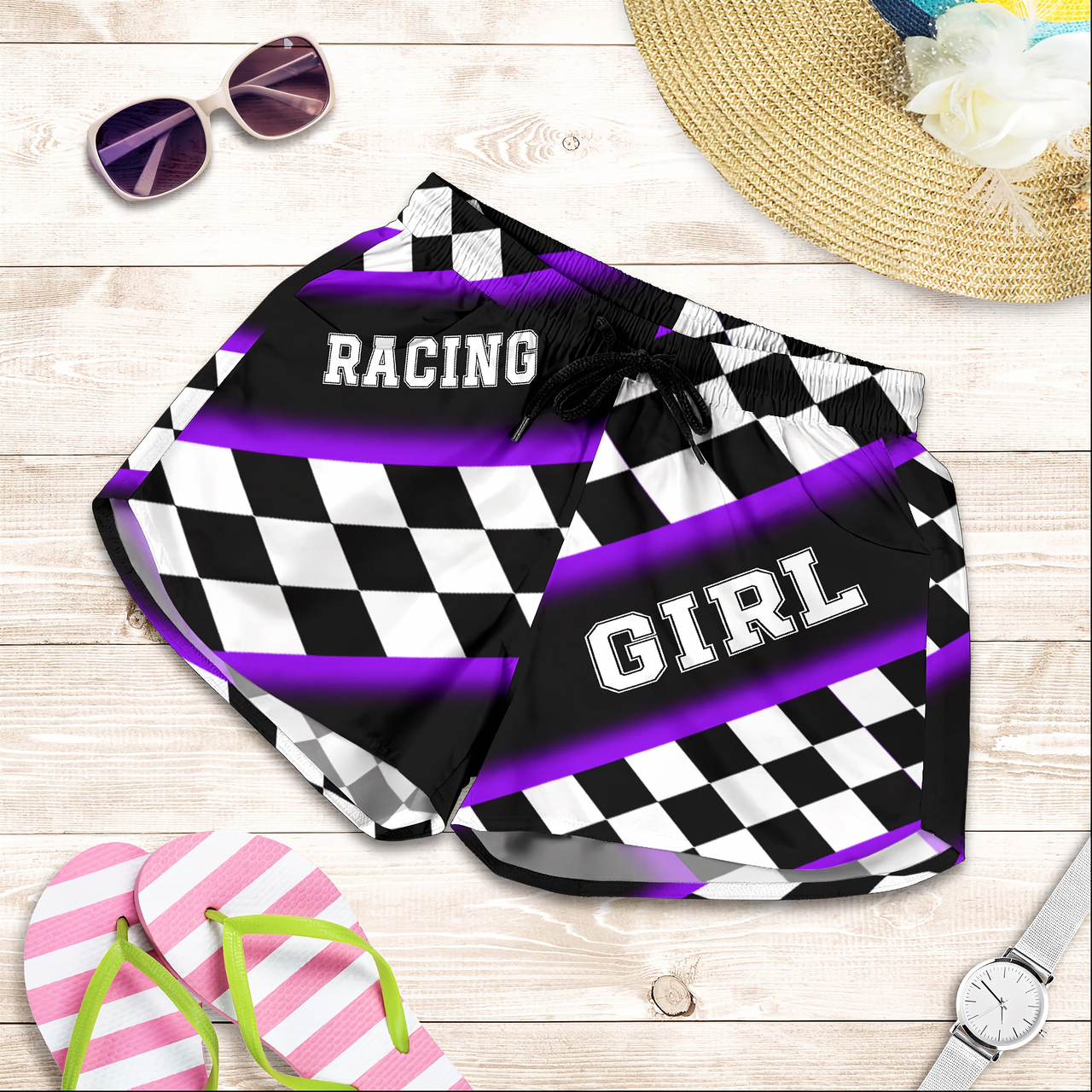 Custom personalized women's purple racing shorts featuring a striking black and purple checkered pattern for trackside motorsports fans.