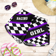 Custom personalized women's purple racing shorts featuring a striking black and purple checkered pattern for trackside motorsports fans.