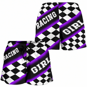 Custom personalized women's purple racing shorts featuring a striking black and purple checkered pattern for trackside motorsports fans.