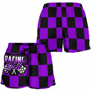 Custom personalized women's purple racing shorts featuring a striking black and purple checkered pattern for trackside motorsports fans.
