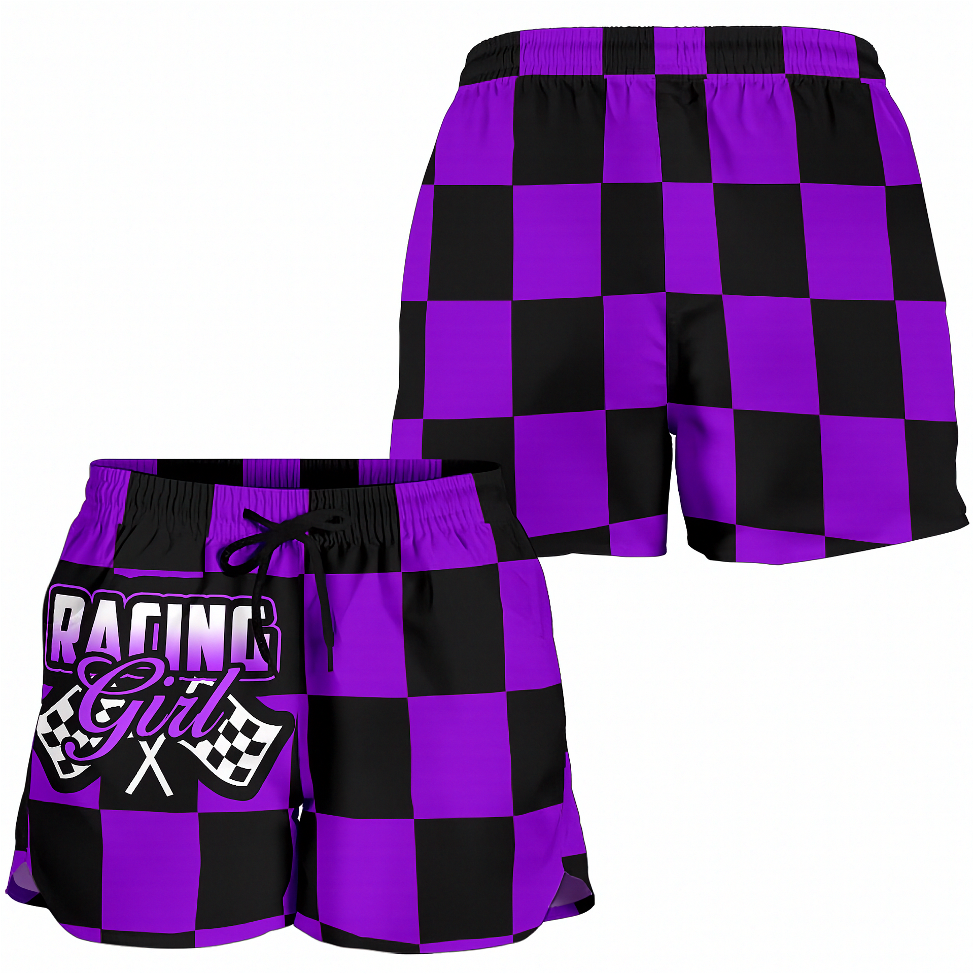 Custom personalized women's purple racing shorts featuring a striking black and purple checkered pattern for trackside motorsports fans.