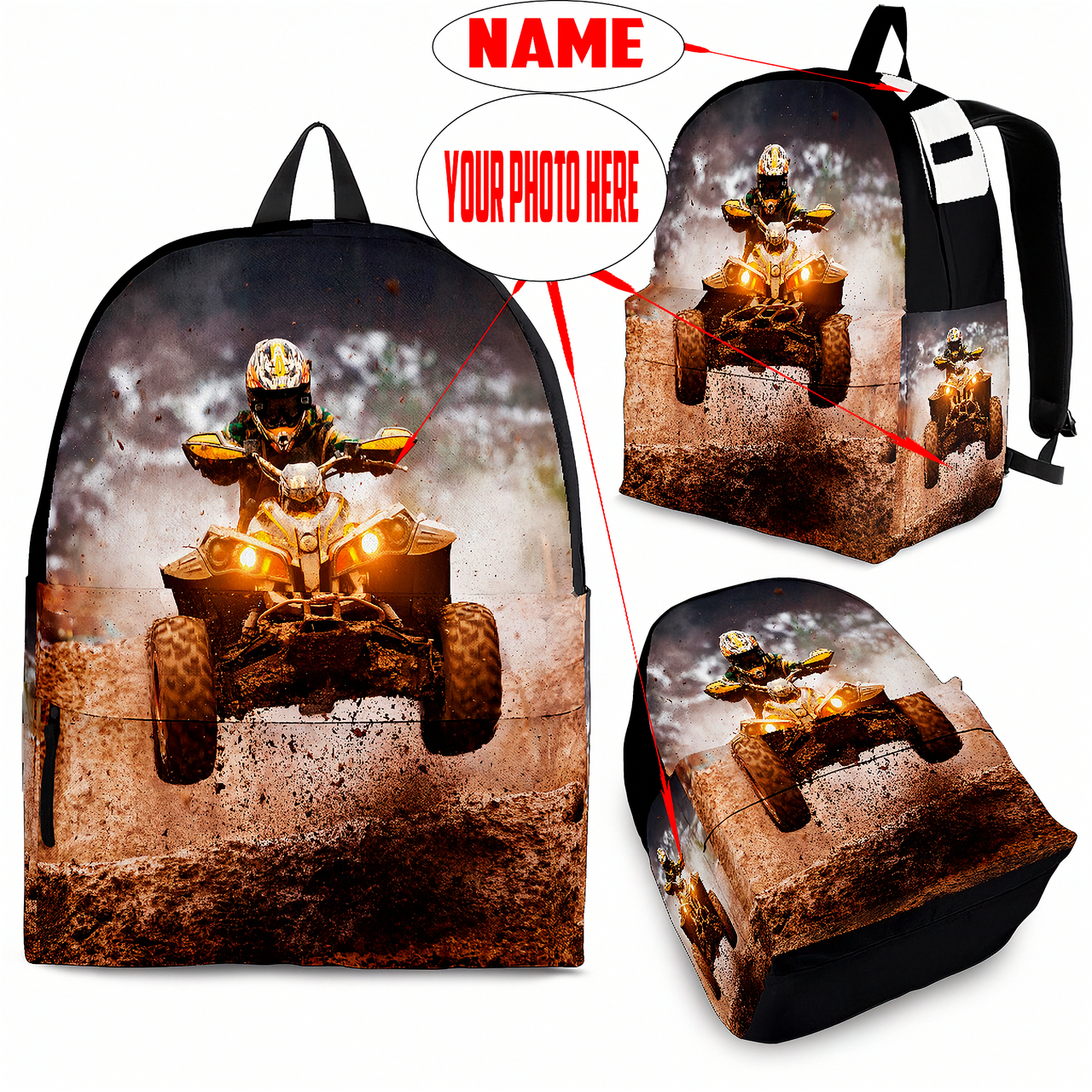Custom personalized quad ATV backpack for kids featuring an off-road four-wheeler leaping over a muddy jump for back to school gear.