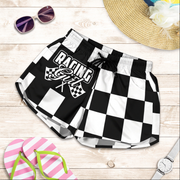 Custom personalized women's racing shorts featuring a black and white checkered flag pattern for trackside motorsports fans.