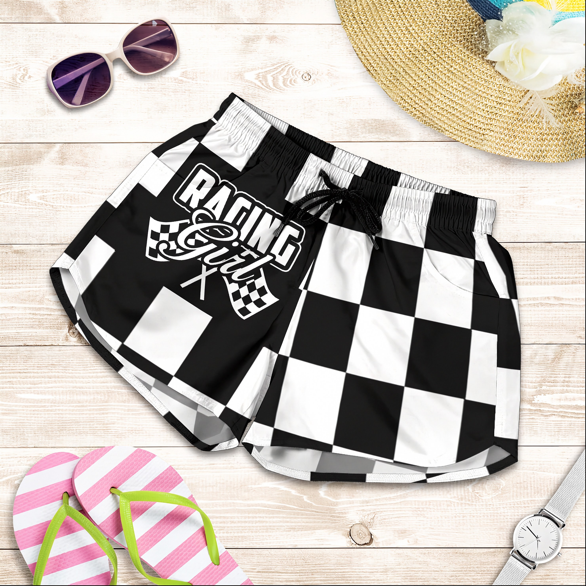Custom personalized women's racing shorts featuring a black and white checkered flag pattern for trackside motorsports fans.