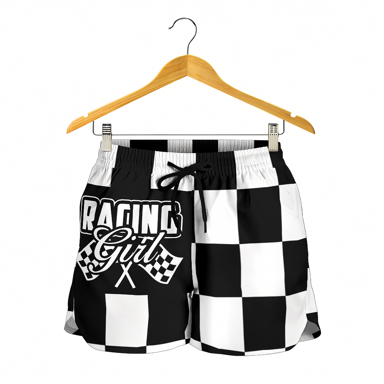 Custom personalized women's racing shorts featuring a black and white checkered flag pattern for trackside motorsports fans.