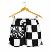 Custom personalized women's racing shorts featuring a black and white checkered flag pattern for trackside motorsports fans.