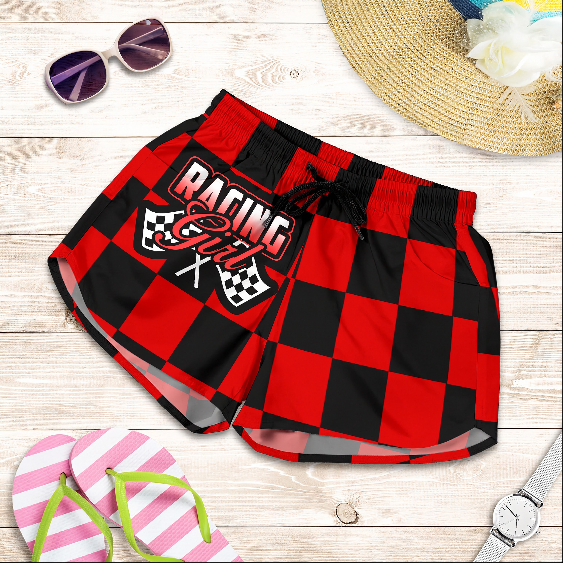 Custom personalized women's red racing shorts featuring a classic black and red checkered flag pattern for trackside motorsports fans.