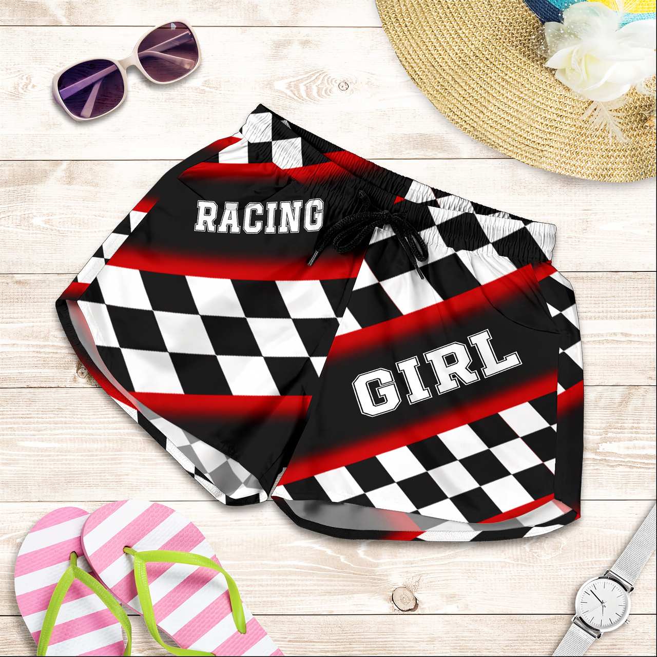 Custom personalized women's red racing shorts featuring a classic black and red checkered flag pattern for trackside motorsports fans.