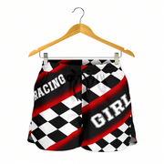 Custom personalized women's red racing shorts featuring a classic black and red checkered flag pattern for trackside motorsports fans.