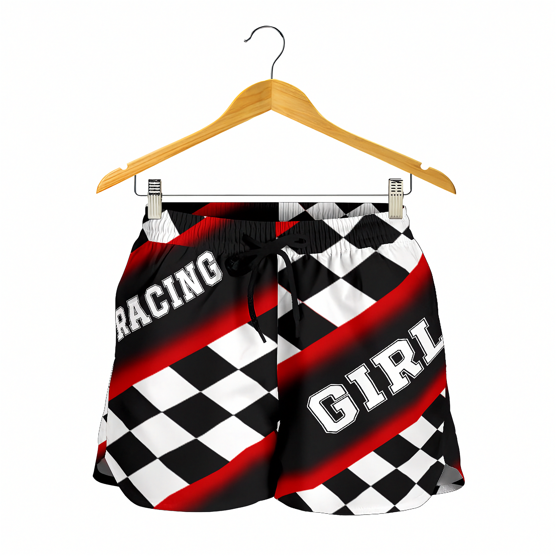 Custom personalized women's red racing shorts featuring a classic black and red checkered flag pattern for trackside motorsports fans.