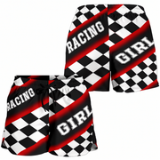 Custom personalized women's red racing shorts featuring a classic black and red checkered flag pattern for trackside motorsports fans.