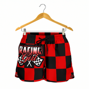 Custom personalized women's red racing shorts featuring a classic black and red checkered flag pattern for trackside motorsports fans.