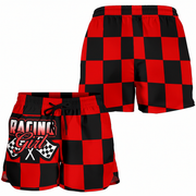 Custom personalized women's red racing shorts featuring a classic black and red checkered flag pattern for trackside motorsports fans.