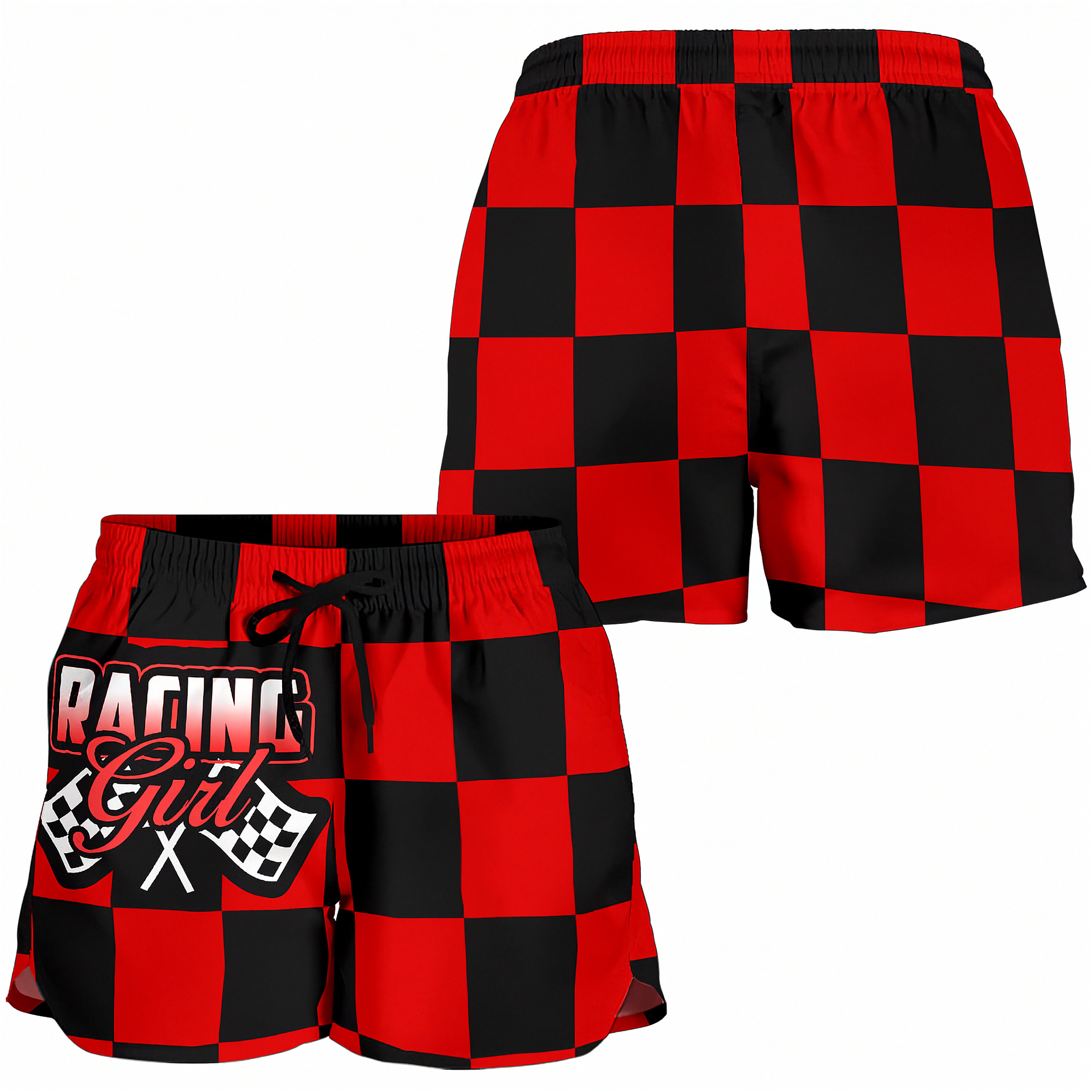 Custom personalized women's red racing shorts featuring a classic black and red checkered flag pattern for trackside motorsports fans.