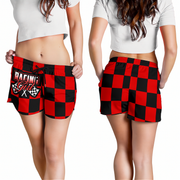Custom personalized women's red racing shorts featuring a classic black and red checkered flag pattern for trackside motorsports fans.