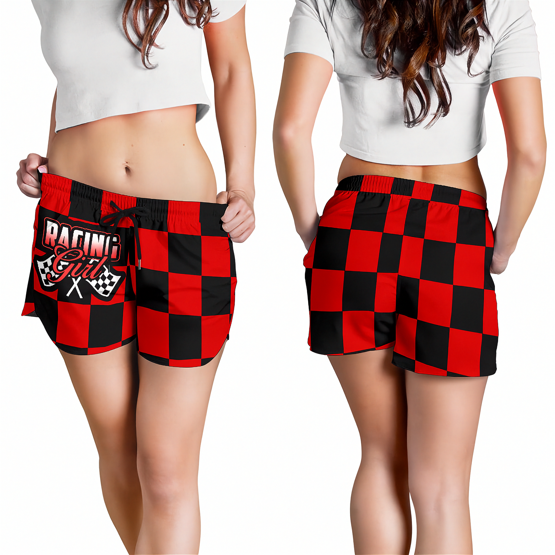Custom personalized women's red racing shorts featuring a classic black and red checkered flag pattern for trackside motorsports fans.