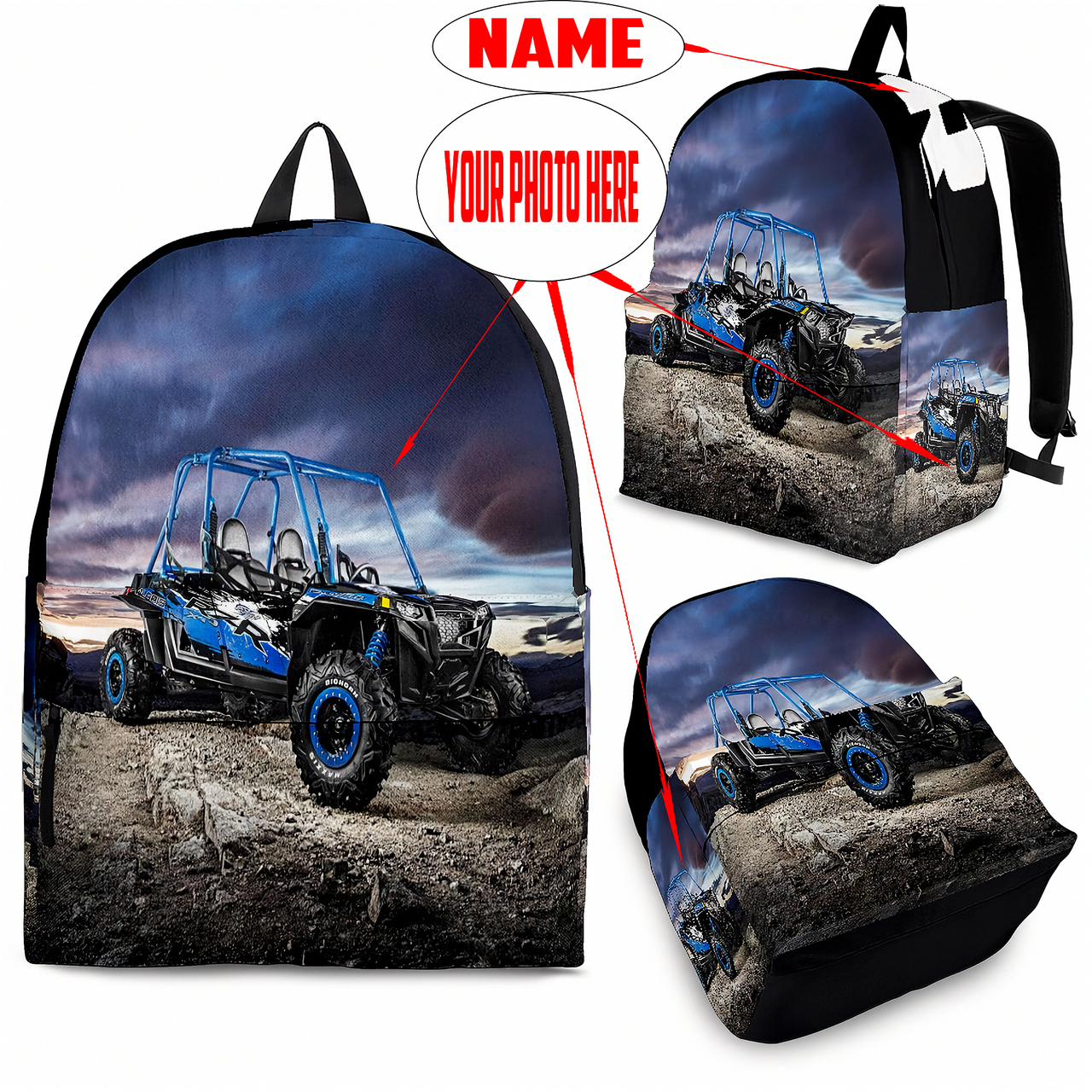 Custom personalized UTV buggy backpack for kids featuring a blue off-road side-by-side vehicle under a dramatic sunset for back to school gear.