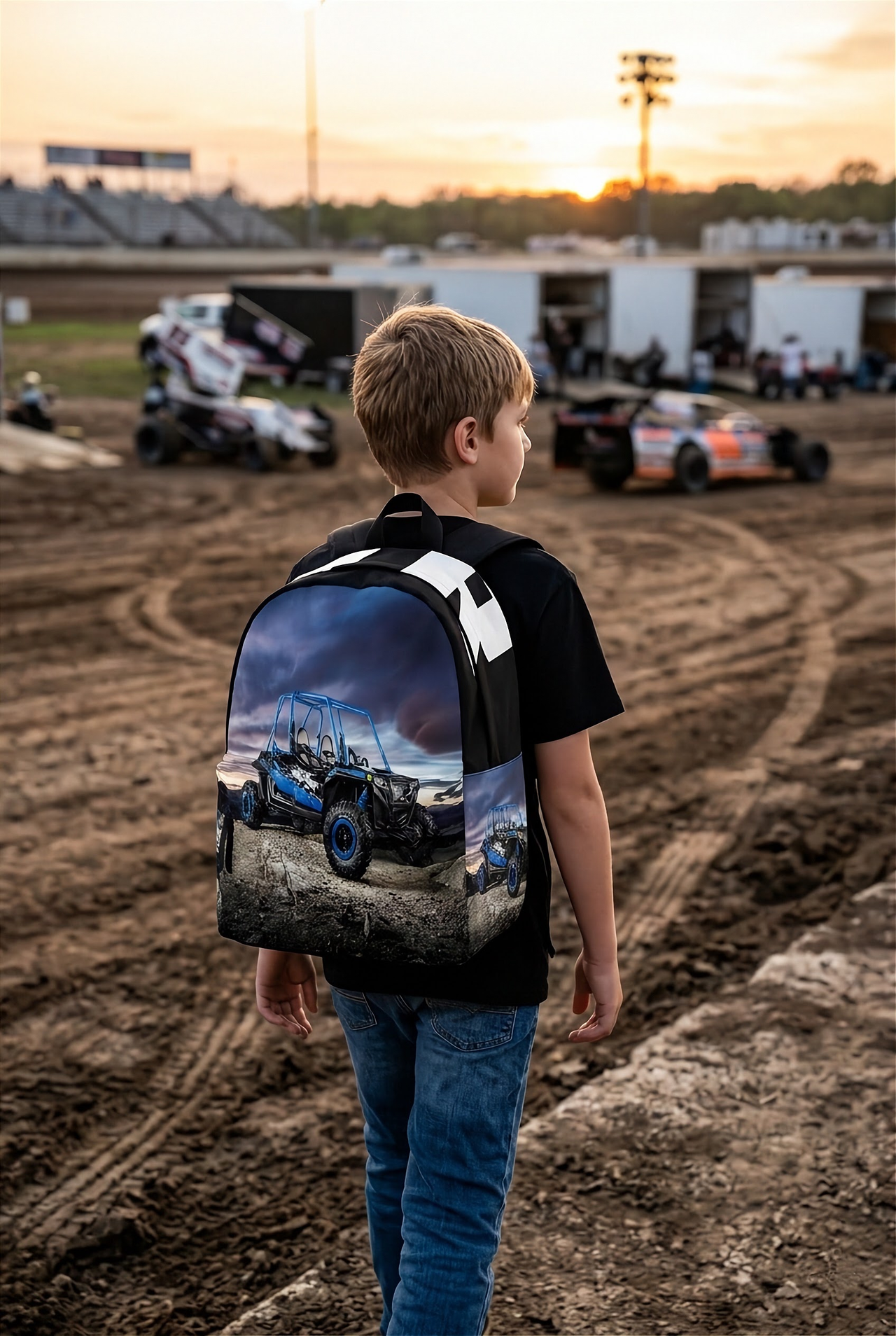 Custom personalized UTV buggy backpack for kids featuring a blue off-road side-by-side vehicle under a dramatic sunset for back to school gear.
