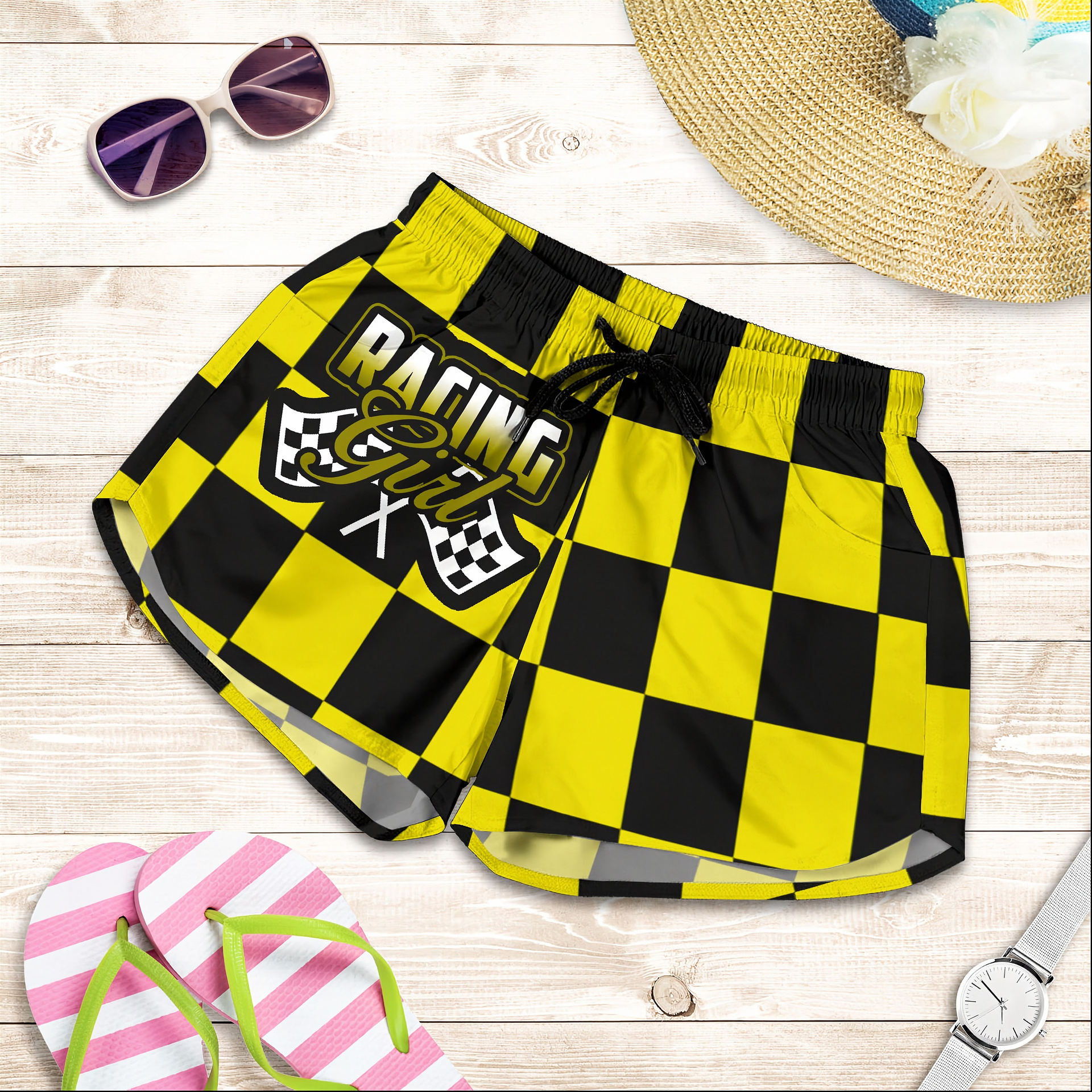 Custom personalized women's yellow racing shorts featuring a bold black and yellow checkered pattern for trackside motorsports fans.