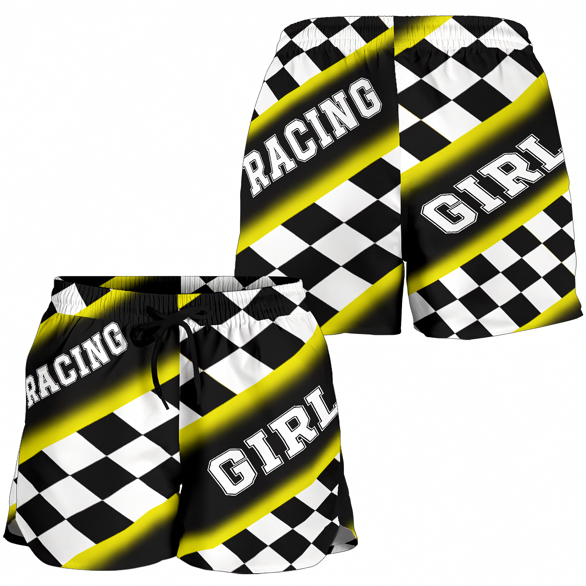 Custom personalized women's yellow racing shorts featuring a bold black and yellow checkered pattern for trackside motorsports fans.