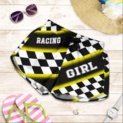Custom personalized women's yellow racing shorts featuring a bold black and yellow checkered pattern for trackside motorsports fans.