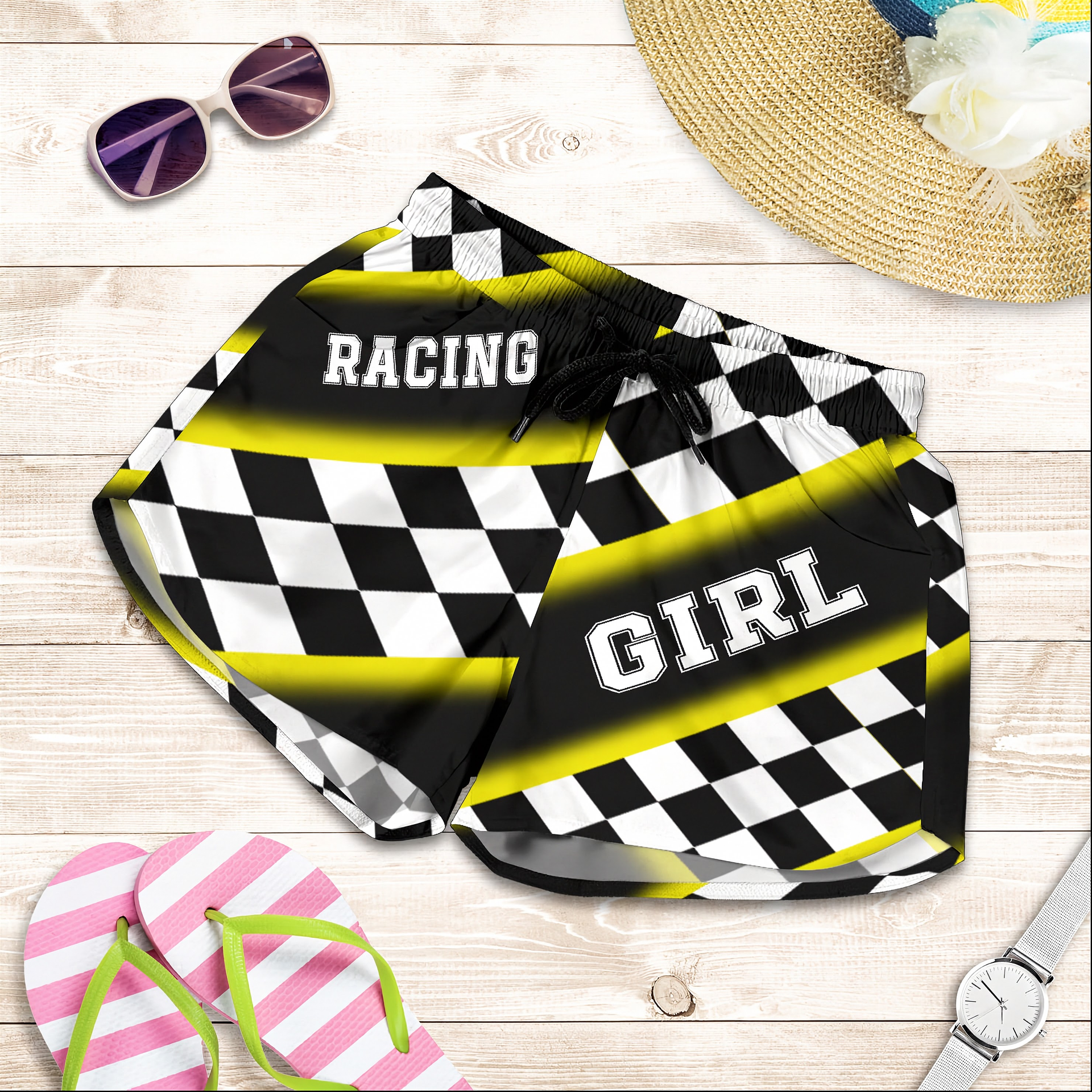 Custom personalized women's yellow racing shorts featuring a bold black and yellow checkered pattern for trackside motorsports fans.