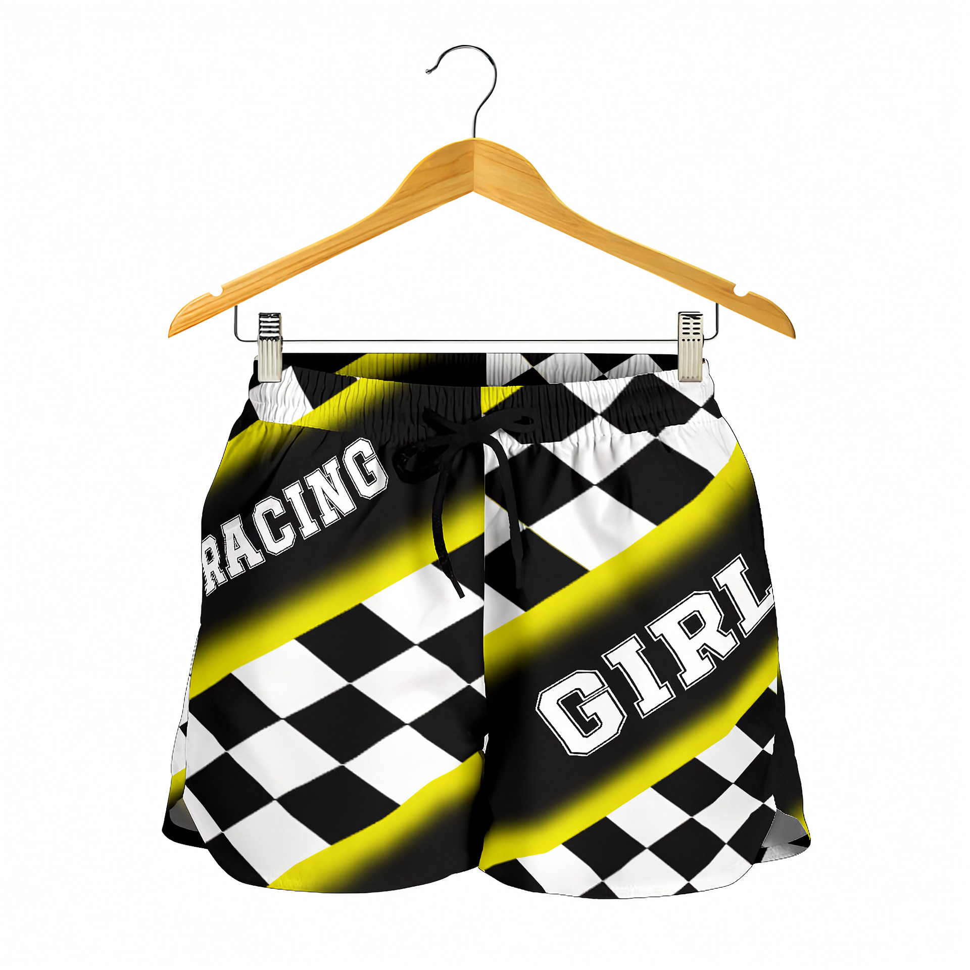 Custom personalized women's yellow racing shorts featuring a bold black and yellow checkered pattern for trackside motorsports fans.