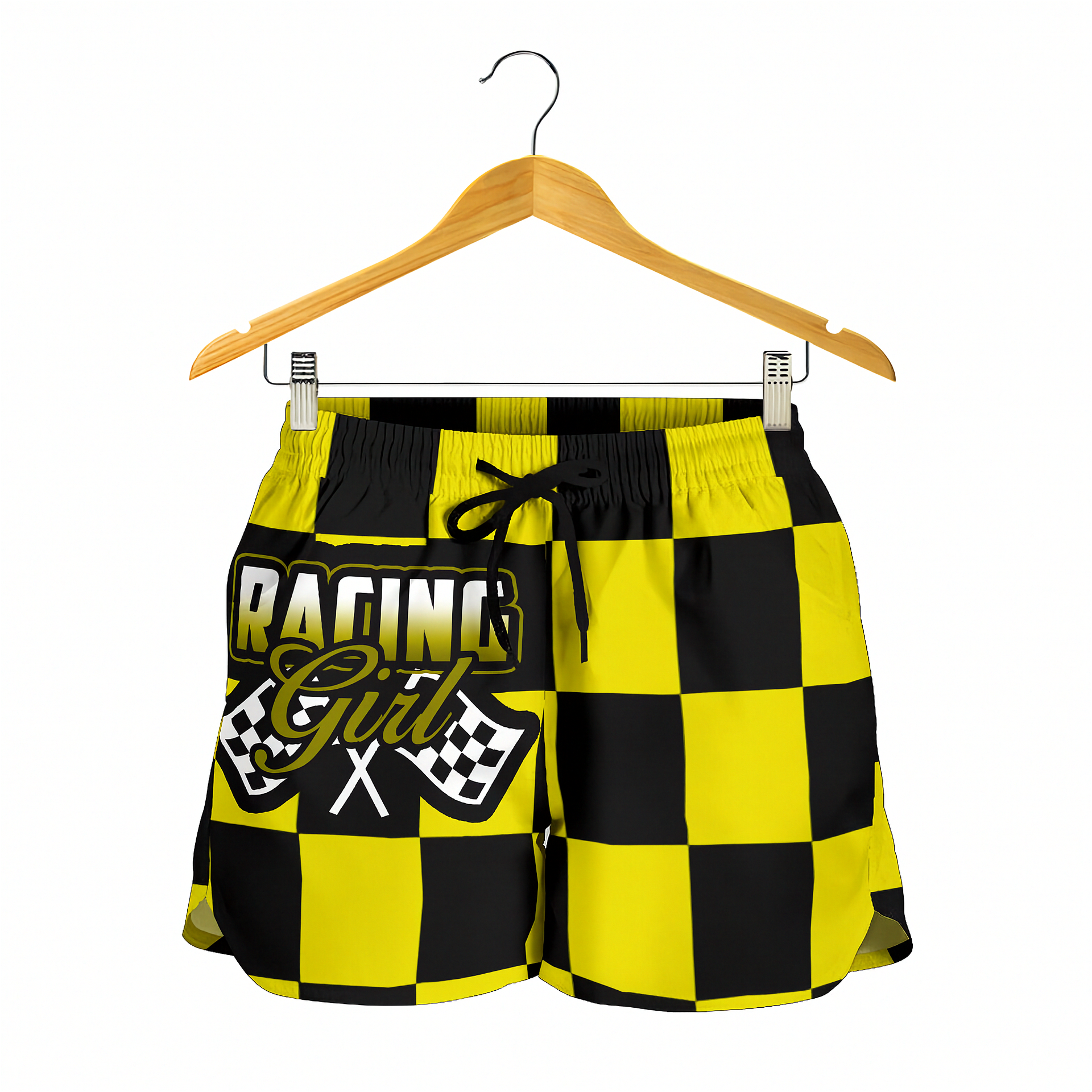 Custom personalized women's yellow racing shorts featuring a bold black and yellow checkered pattern for trackside motorsports fans.