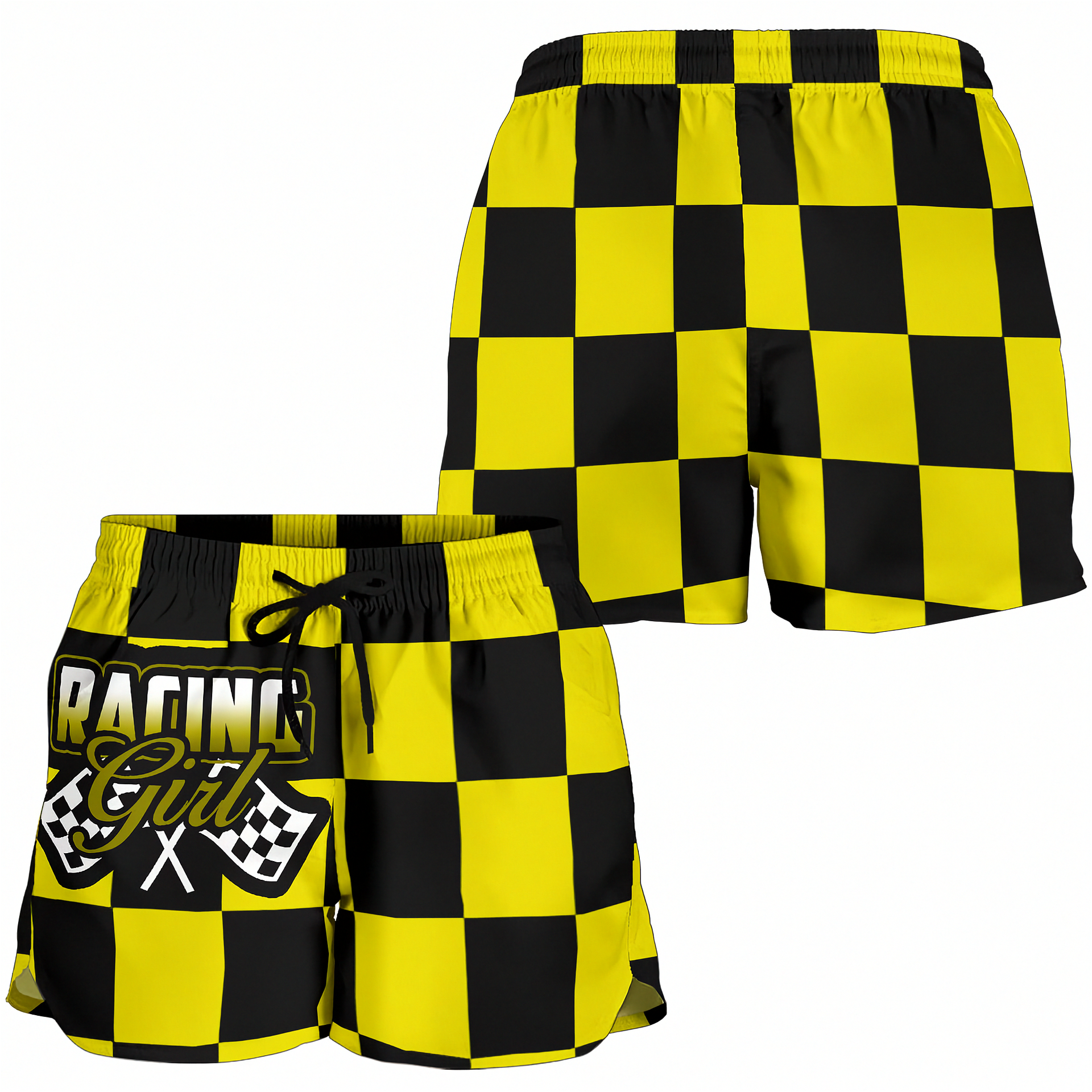 Custom personalized women's yellow racing shorts featuring a bold black and yellow checkered pattern for trackside motorsports fans.