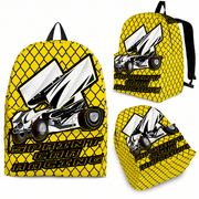 Custom personalized yellow dirt track racing backpack featuring an aggressive winged sprint car graphic for motorsports fans.