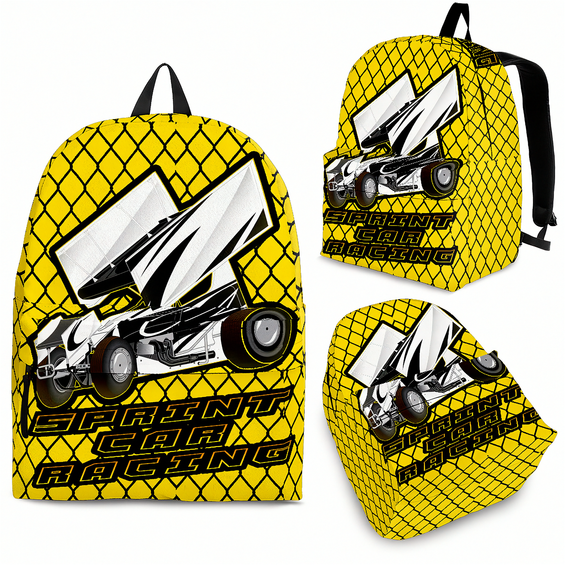 Custom personalized yellow dirt track racing backpack featuring an aggressive winged sprint car graphic for motorsports fans.
