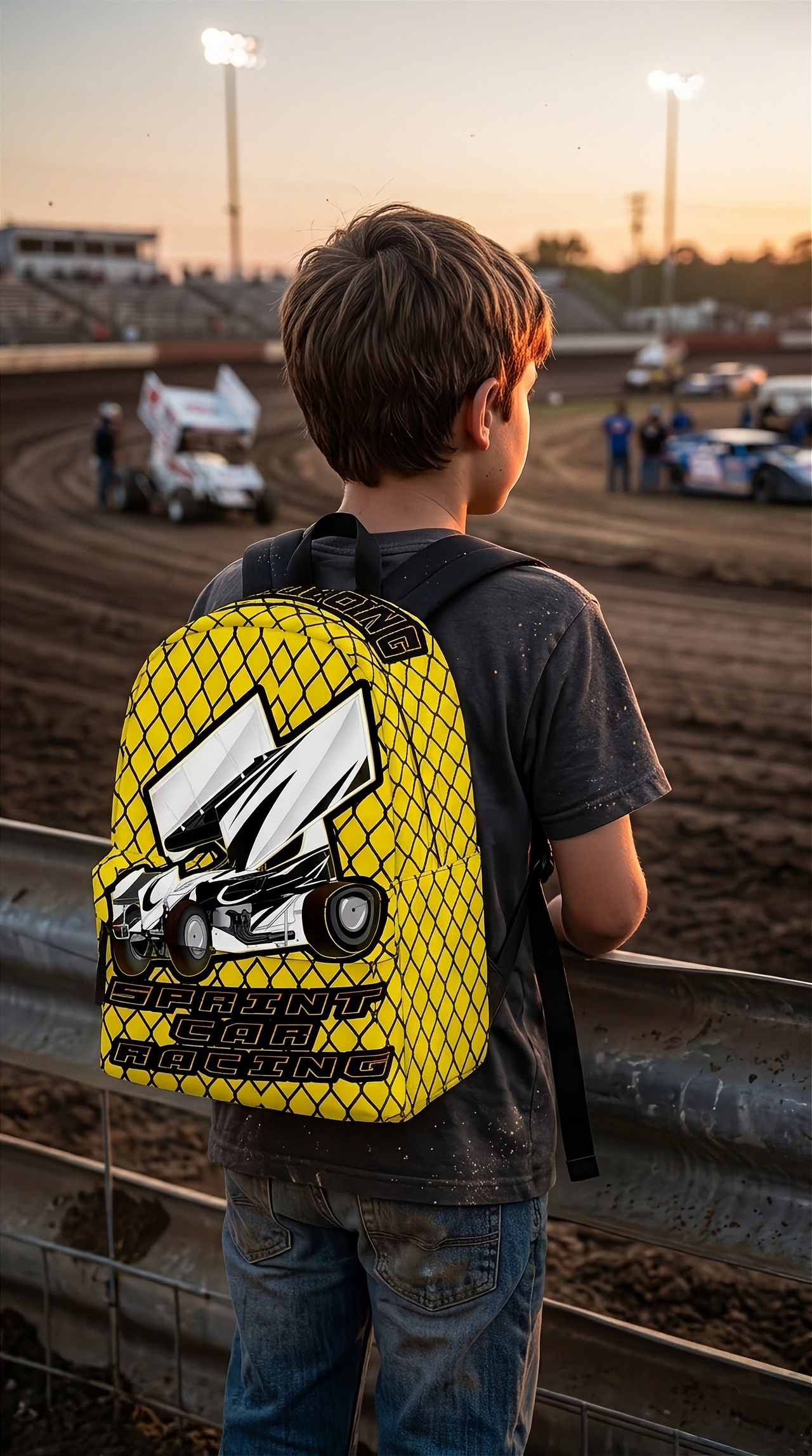Custom personalized yellow dirt track racing backpack featuring an aggressive winged sprint car graphic for motorsports fans.